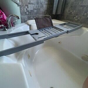 Yirilan Expandable Bamboo Bathtub Tray Caddy Gray Book Tablet Stand Phone Slot